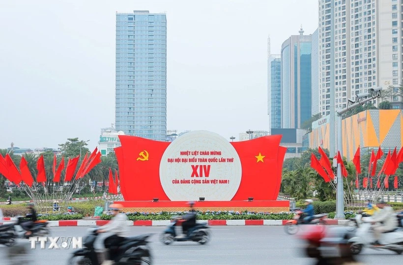 Posters and flags welcoming the 14th National Party Congress. (Photo: VNA) 
