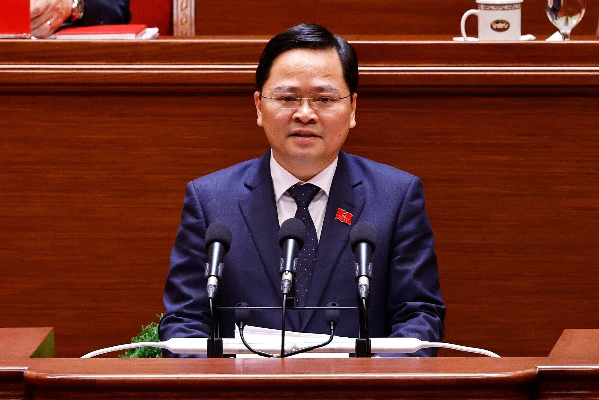 Vice Chairman of the Party Central Committee’s Commission for Policies and Strategies Nguyen Anh Tuan speaks at the 14th National Party Congress on January 21. (Photo: VNA)