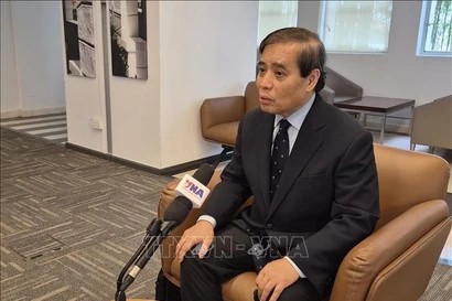 Professor Vu Minh Khuong of the Lee Kuan Yew School of Public Policy in an interview with the Vietnam News Agency's correspondents in Singapore (Photo: VNA)