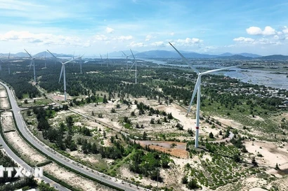 Phuong Mai Wind Power Plant comprises 11 turbines with a total capacity of 26.4 MW and an investment of 1 trillion VND, located in the Nhon Hoi Economic Zone, Gia Lai province (Photo: VNA)