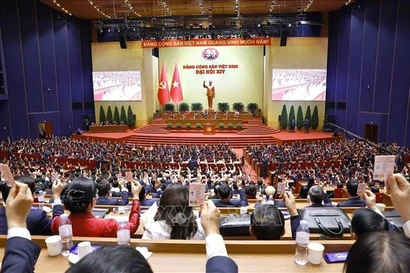 Delegates at the 14th National Party Congress vote on the list of candidates to the 14th Party Central Committee. (Photo: VNA)