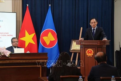 Politburo member and Minister of Foreign Affairs Le Hoai Trung, Special Envoy of Party General Secretary To Lam, speaks at a meeting with staff of the Vietnamese Embassy and representatives of the Vietnamese community in Russia on February 25. (Photo: VNA)