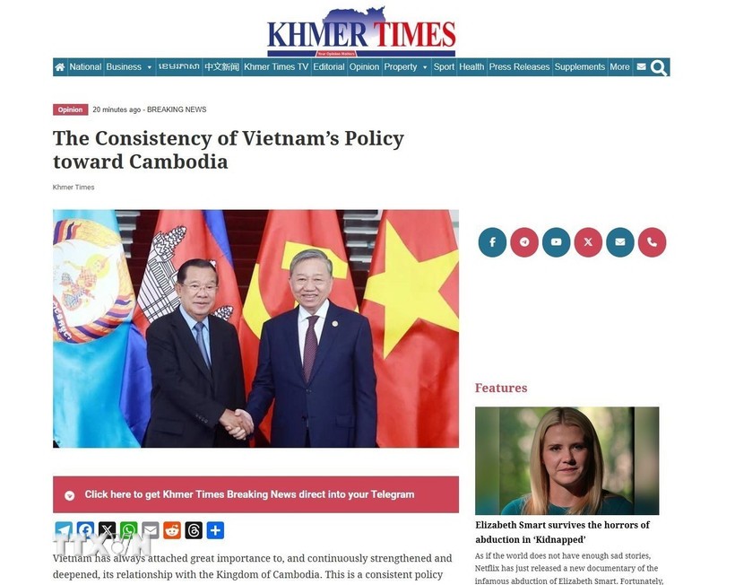 Entitled “The Consistency of Vietnam’s policy towards Cambodia,” the article writes Vietnam regards relations with neighbouring countries as a top priority in its foreign policy. (Photo: VNA)