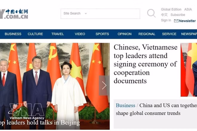 China Daily reports on the activities of General Secretary of the Communist Party of Vietnam (CPV) Central Committee and President of Vietnam To Lam and his spouse in China. (Photo published by VNA)