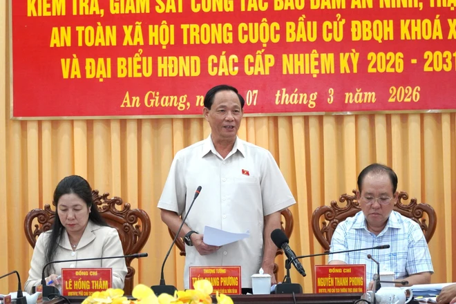 National Assembly Vice Chairman Tran Quang Phuong speaks at the March 7 inspection on An Giang's preparations for the election of deputies to the 16th legislature and People’s Councils at all levels for the 2026-2031 tenure. (Photo: VNA)