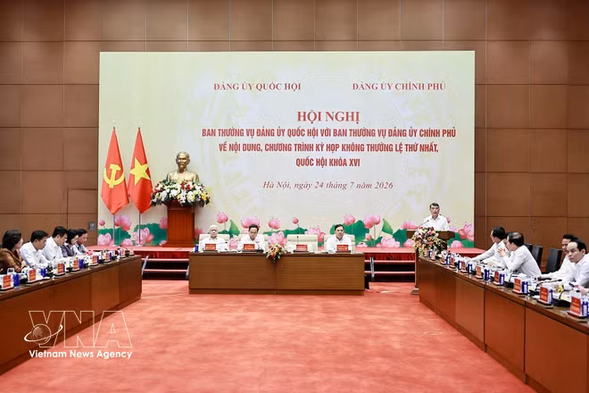 Prime Minister Le Minh Hung, who is Secretary of the Government Party Committee, speaks at the meeting in Hanoi on July 24. (Photo: VNA)