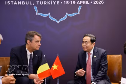 Chairman of the National Assembly Tran Thanh Man (right) meets with President of the Belgian Senate Vincent Blondel in Istanbul, Türkiye, on April 17. (Photo: VNA)