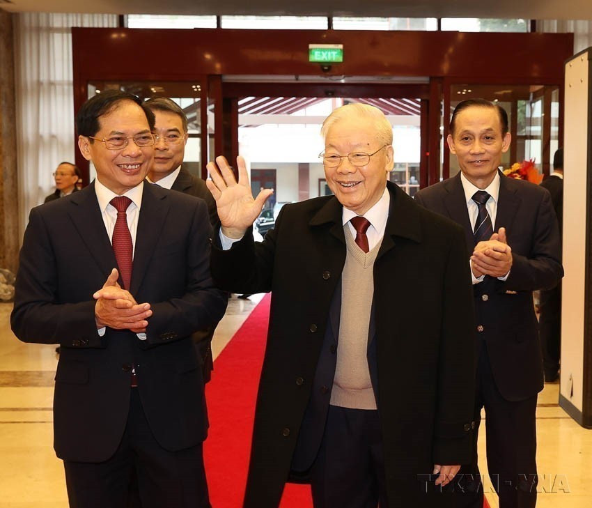 Party General Secretary Nguyen Phu Trong attends the 32nd National Diplomatic Conference themed “Promoting the pioneering role, building a comprehensive, modern and strong diplomacy, successfully implementing the Resolution of the 13th Party Congress,” held in hybrid format, Hanoi, Dec. 19, 2023. (Photo: VNA) anh-11-2897.jpg