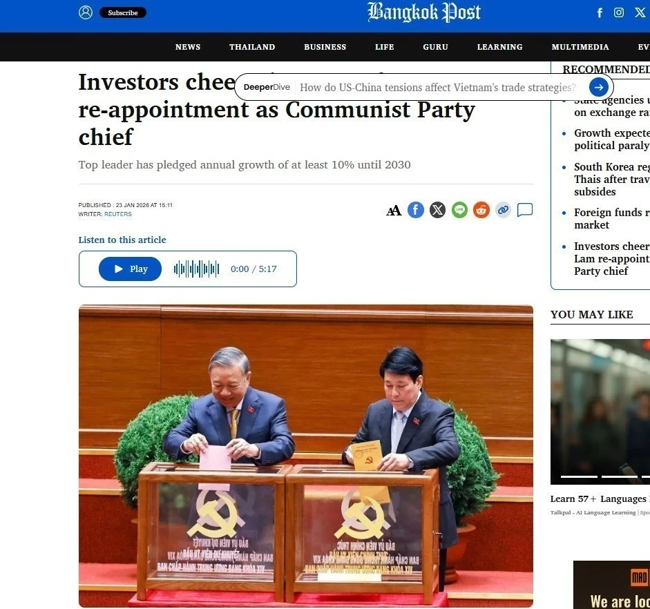 The Bangkok Post reports on the 14th National Congress of the Communist Party of Vietnam, which takes place from January 19-23. (Screenshot photo)