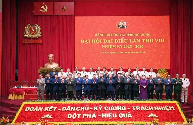 Leaders and former Party and State leaders and delegates at the 8th Congress of the Central Public Security Party Organisation for the 2025 - 2030 term. Photo: VNA