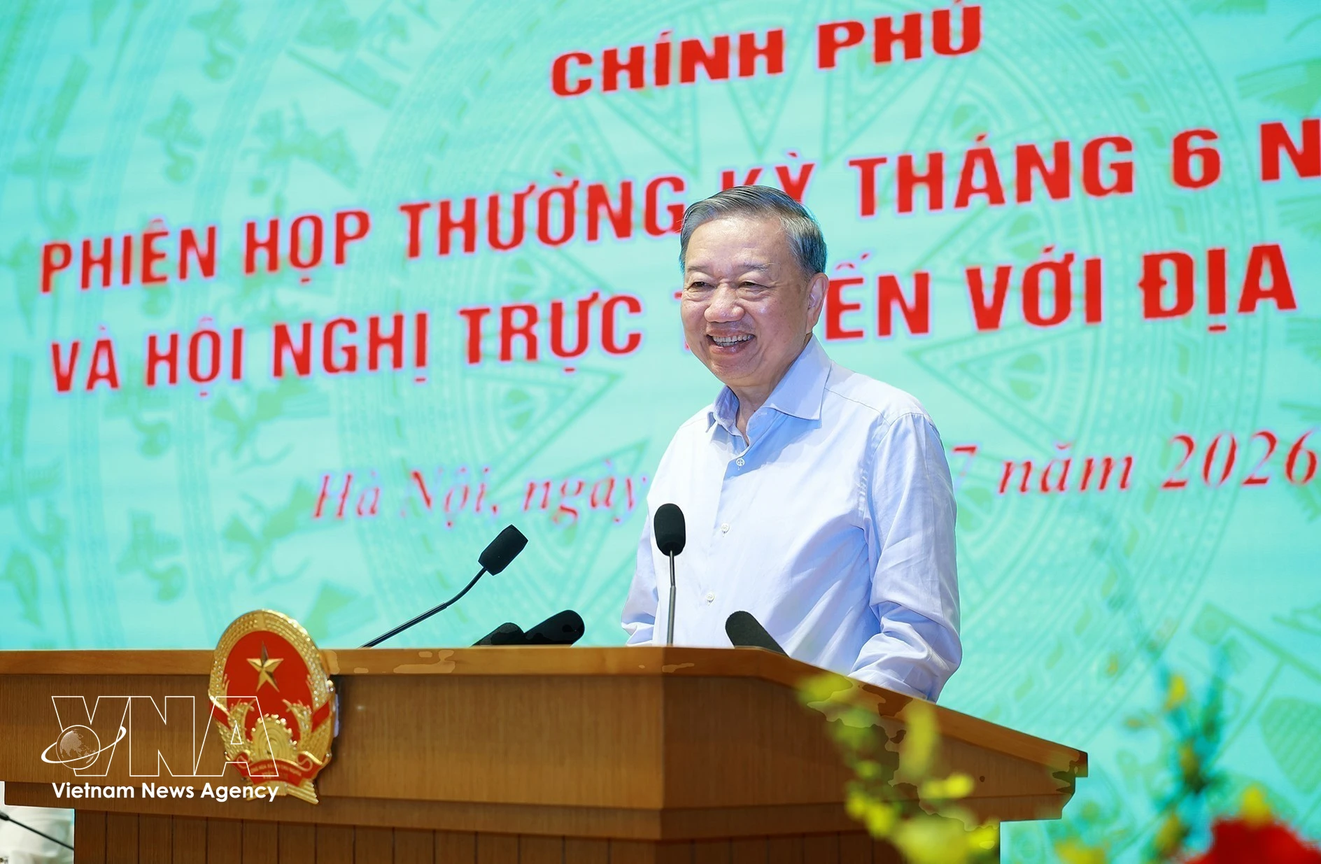 Party General Secretary and State President To Lam speaks at the Government's regular meeting for June and a teleconference with authorities of all localities nationwide on July 4. (Photo: VNA)