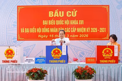 NA Chairman Tran Thanh Man casts his ballot at Polling Station No. 14 in Hoc Mon ward, Ho Chi Minh City, on March 15 morning. (Photo: VNA)