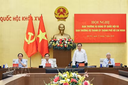 National Assembly Chairman Tran Thanh Man (standing) addresses the meeting between the Standing Board of the NA Party Committee and the Standing Board of the Ho Chi Minh City Party Committee on July 21. (Photo: VNA)