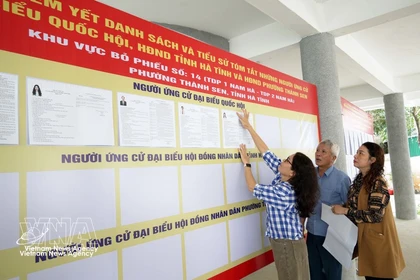 Lists of candidates in the deputies to the 16th National Assembly and People’s Councils at all levels are publicised at Polling Station No. 14 in Thanh Sen ward, Ha Tinh province. (Photo: VNA)