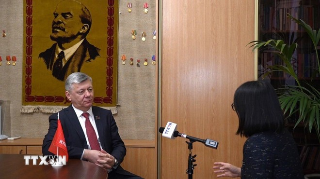 Dmitry Georgievich Novikov, first vice chairman of the Communist Party of the Russian Federation (KPRF) and a member of the State Duma, in an interview with a Vietnam News Agency correspondent in Russia. (Photo: VNA)