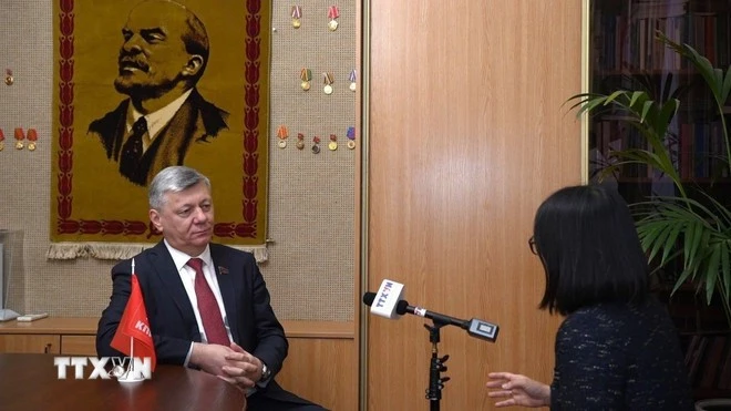 Dmitry Georgievich Novikov, first vice chairman of the Communist Party of the Russian Federation (KPRF) and a member of the State Duma, in an interview with a Vietnam News Agency correspondent in Russia. (Photo: VNA)
