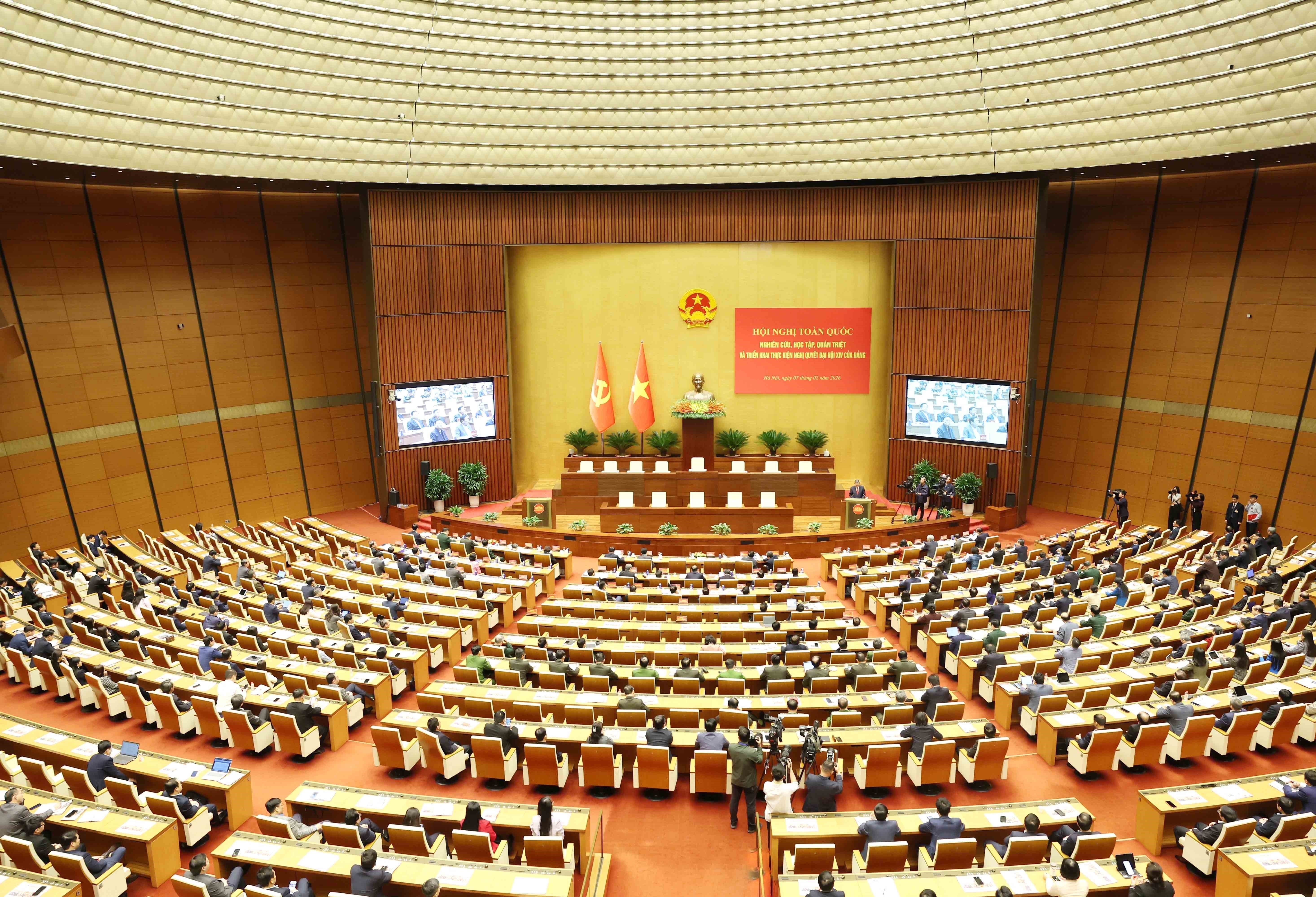 A view of the national conference disseminating and implementing the Resolution of 14th National Party Congress in Hanoi on February 7, 2026 (Photo: VNA)