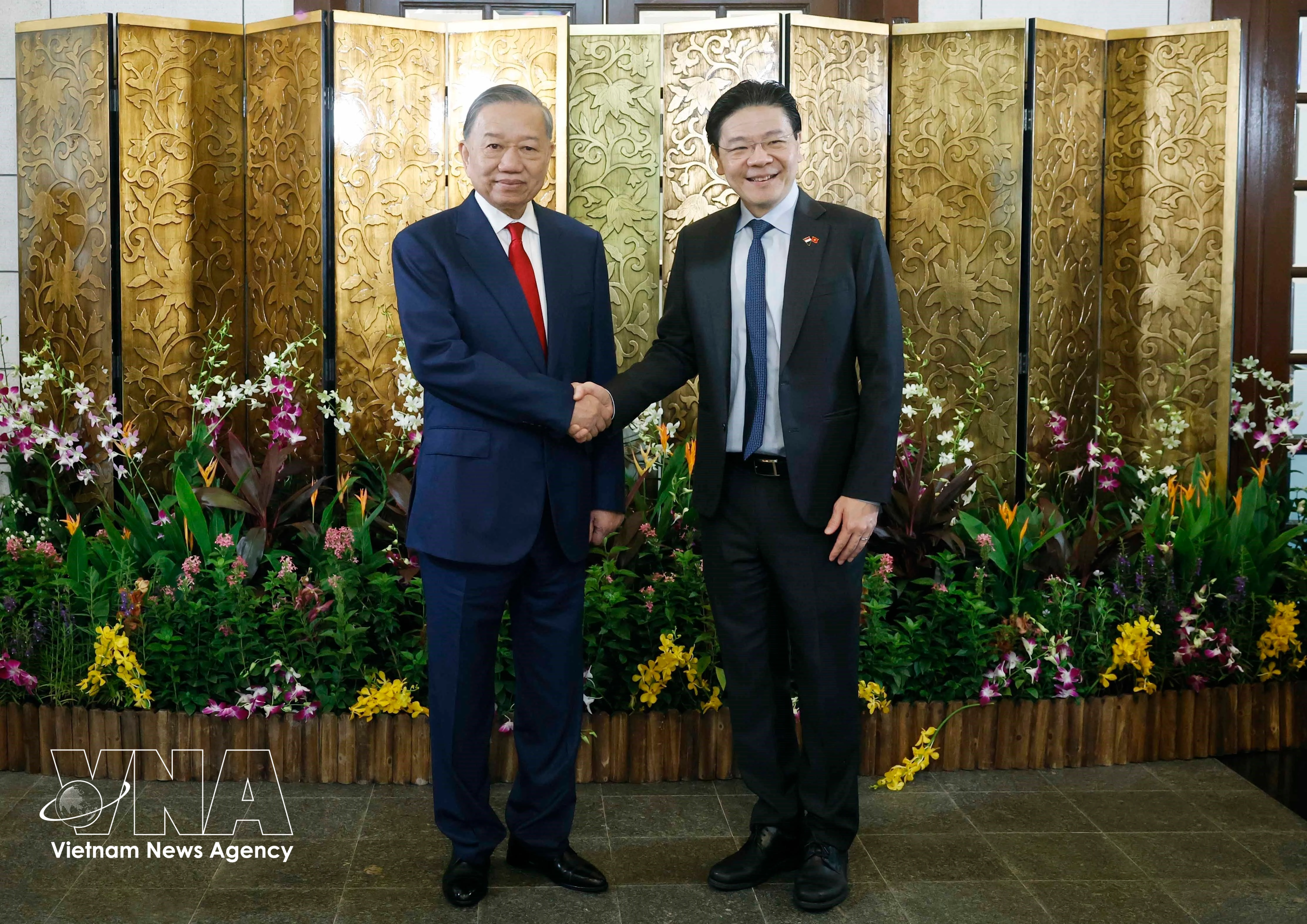 General Secretary of the Communist Party of Vietnam Central Committee and State President To Lam (left) meets with Singaporean Prime Minister Lawrence Wong on May 29. (Photo: VNA)